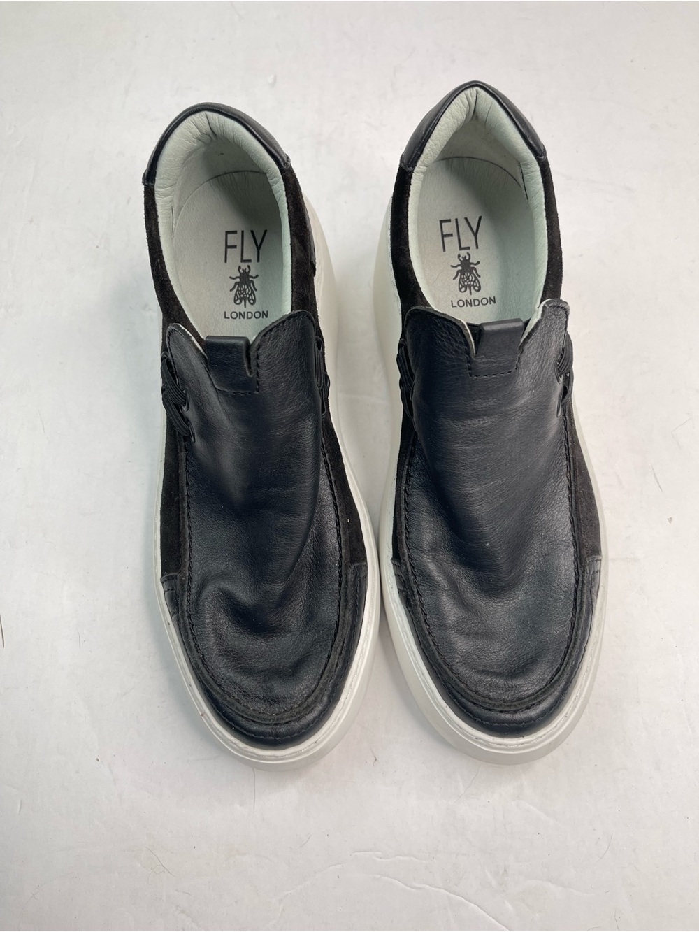 Fly London Women's DAVY667FLY Round Toe Pull On Wedge Shoe Black White Size 38
